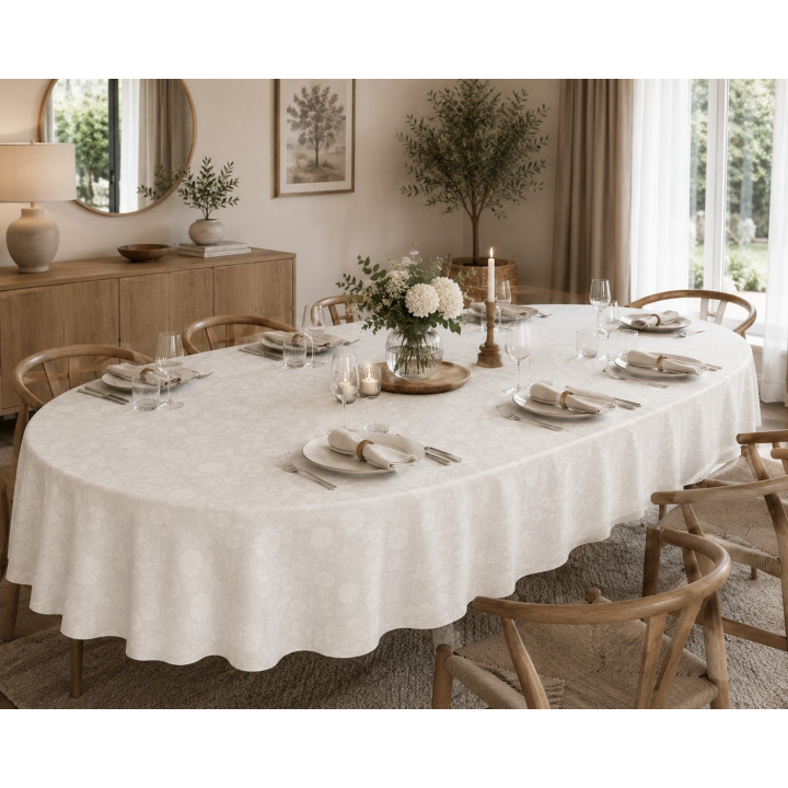 Weiße Rose – Tischdecke auf einem ovalen Tisch
