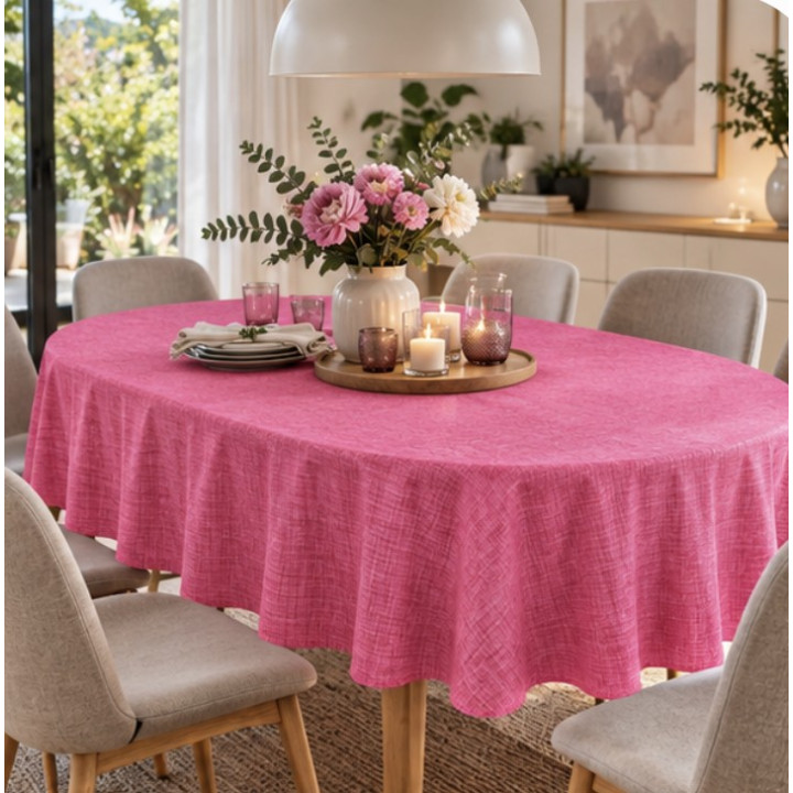 Uni Pink – Tischdecke auf einem ovalen Tisch