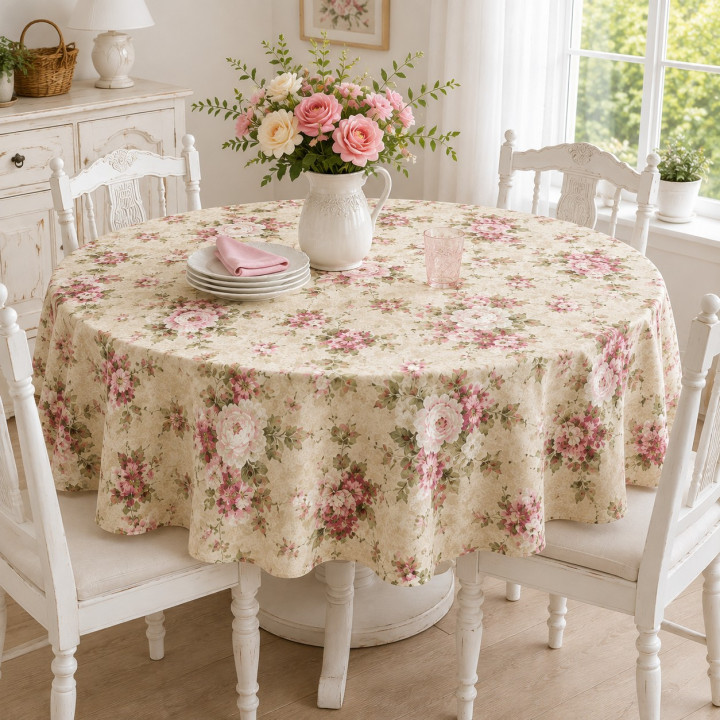 Little Rose – Tischdecke auf einem runden Tisch