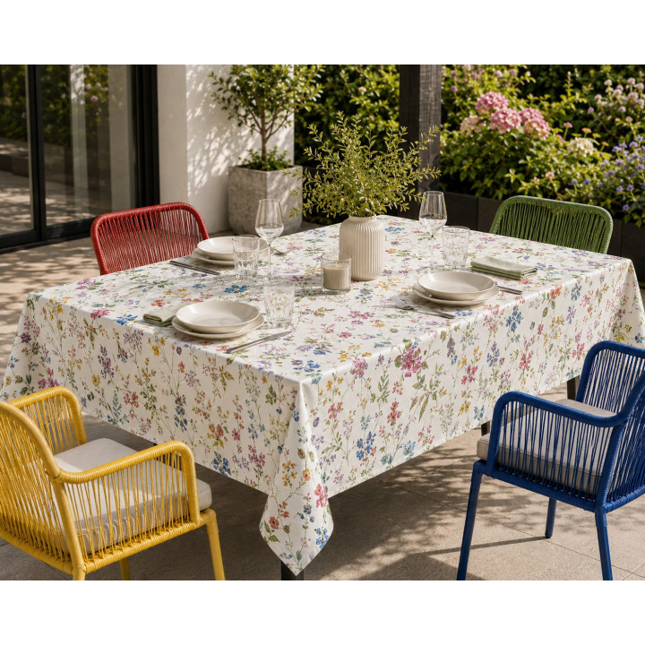 Bunte Blumenwiese – Tischdecke auf einem eckigen Tisch