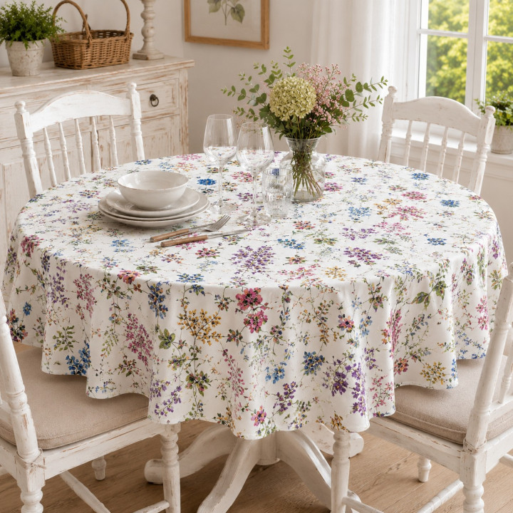 Bunte Blumenwiese – Tischdecke auf einem runden Tisch
