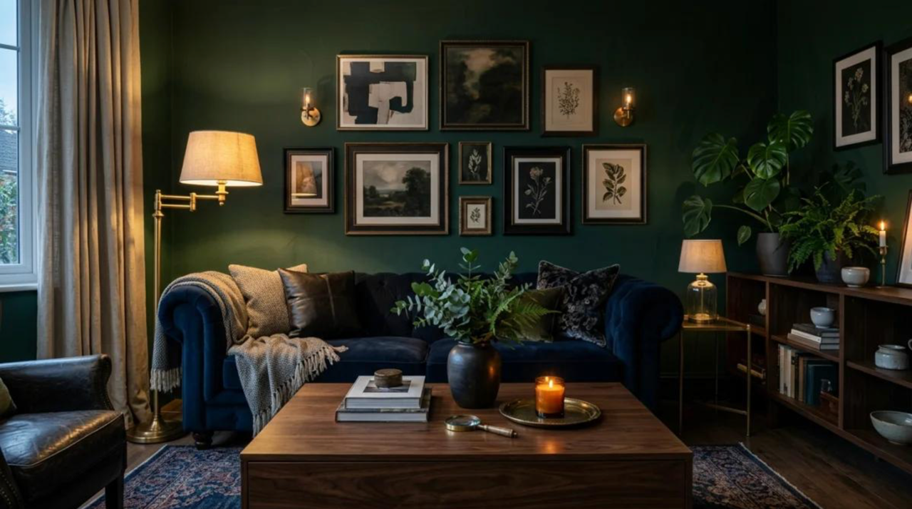 Wohninspiration mit tiefgrünen Wänden, warmem Holz und gemütlichen Stoffen